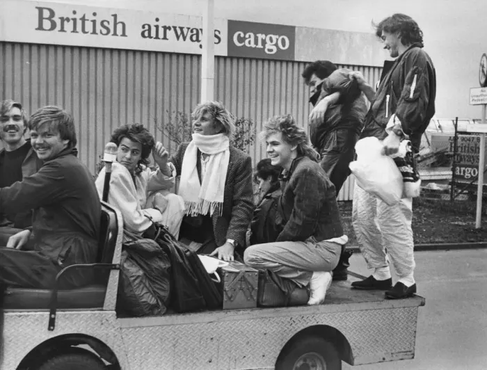 Framed Print : Duran Duran hitch a ride on a baggage trolley when they arrived at Newcasle Airport Framed Print : Duran Duran hitch a ride on a baggage trolley when they arrived at Newcasle Airport