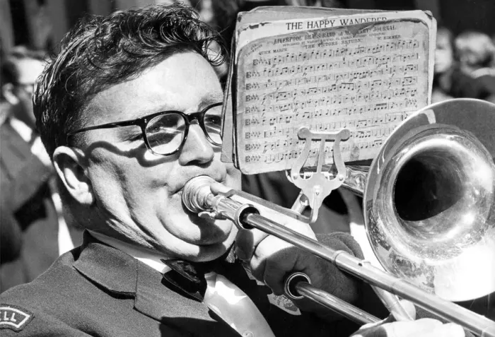 Framed Print : Durham Miners Gala - A big blow for this bandsman as he marches with his colleagues Framed Print : Durham Miners Gala - A big blow for this bandsman as he marches with his colleagues