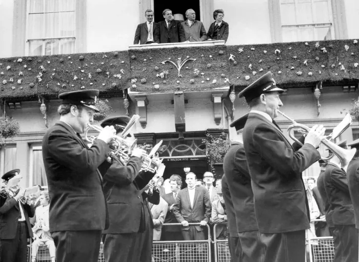 Framed Print : Durham Miners Gala - A colliery band march through the city with Harold Wilson watching