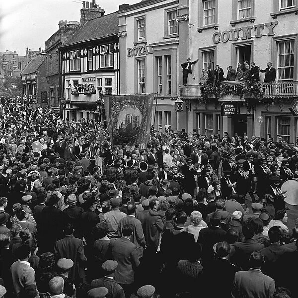 Durham Miners Gala March past the balcony with Harold Wilson George Brown