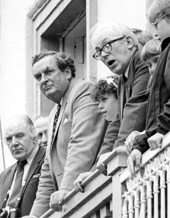 Framed Print : Durham Miners Gala - Michael Foot and Dennis Healey watch the march pass by Framed Print : Durham Miners Gala - Michael Foot and Dennis Healey watch the march pass by