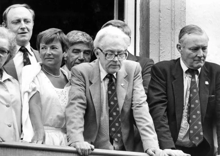 Framed Print : Durham Miners Gala - Michael Foot and Tony Benn watch the gala pass by Framed Print : Durham Miners Gala - Michael Foot and Tony Benn watch the gala pass by