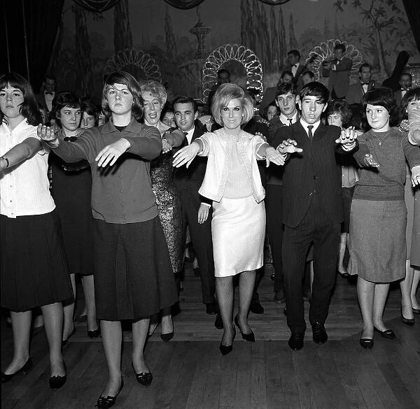 Dusty Springfield pop singer January 1964 at the Ilford Palais in Essex giving a demo of