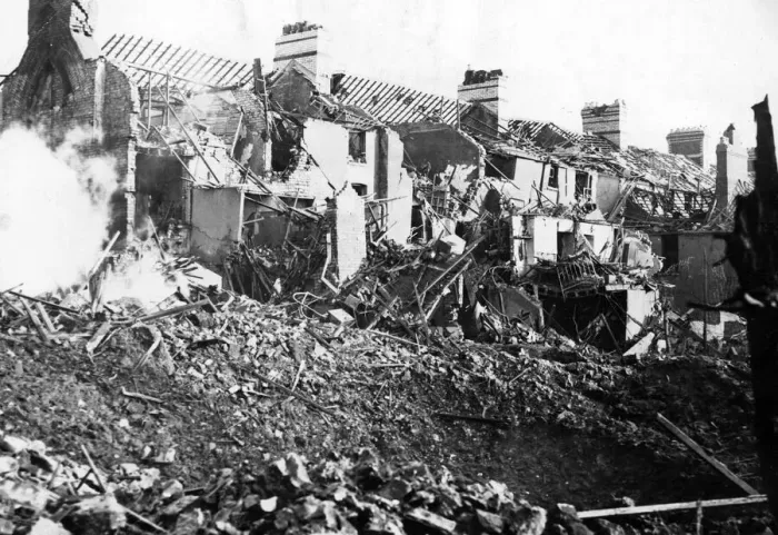 Framed Print : Dwellings damaged following a Nazi raid on a South Wales town. Circa 1941 Framed Print : Dwellings damaged following a Nazi raid on a South Wales town. Circa 1941