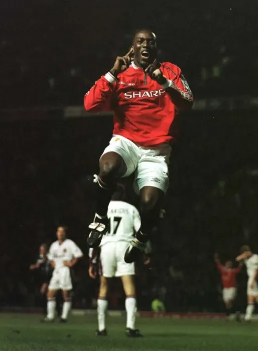 Framed Print : Dwight Yorke Manchester United striker January 1999 celebrates after scoring against West