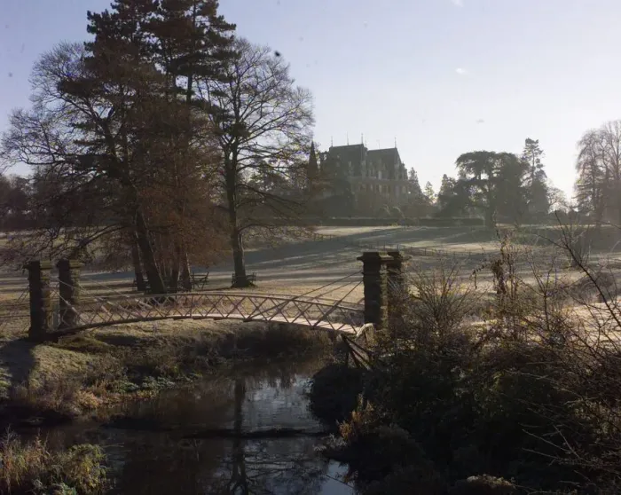 Framed Print : The early morning frost covers the bridge and grounds of Chateau Impney Hotel, Droitwich Framed Print : The early morning frost covers the bridge and grounds of Chateau Impney Hotel, Droitwich