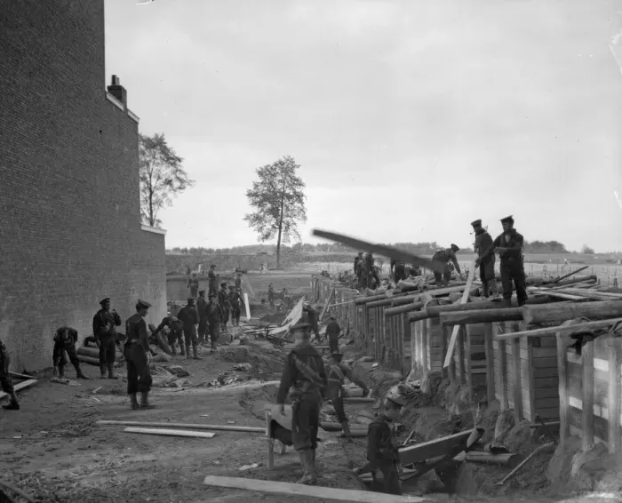Framed Print : Earthwork defences and bomb proof shelters being built by the Belgians