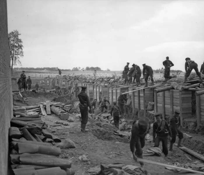 Framed Print : Earthwork defences and bomb proof shelters being built by the Belgians Framed Print : Earthwork defences and bomb proof shelters being built by the Belgians