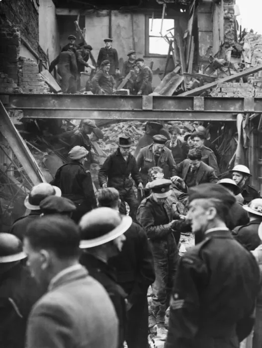 Framed Print : East Lane, Walworth. Man rescued from debris quite conscious with only one thought Framed Print : East Lane, Walworth. Man rescued from debris quite conscious with only one thought