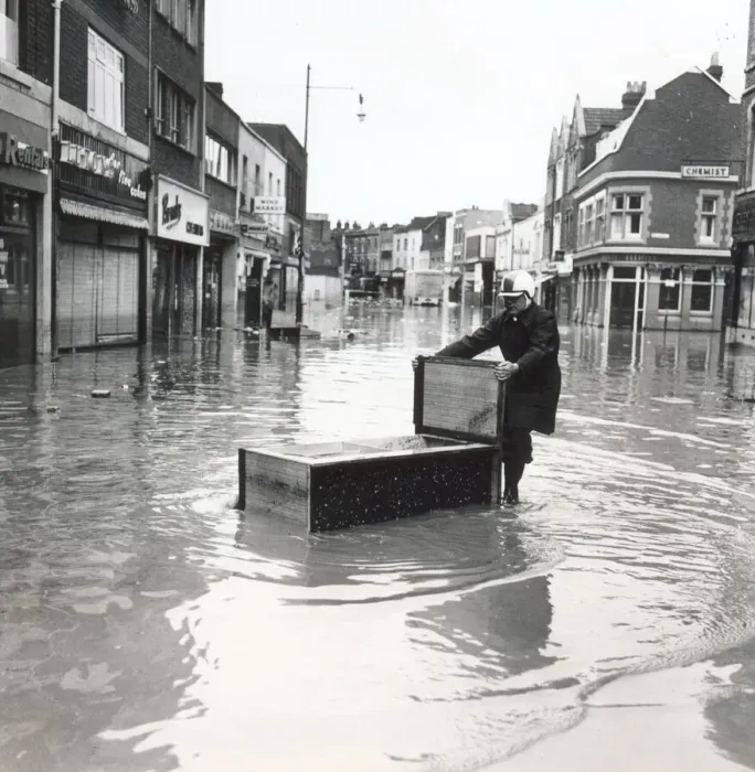 Framed Print : East Street in Bedminster flooded following a storm 10th July 1968 Framed Print : East Street in Bedminster flooded following a storm 10th July 1968