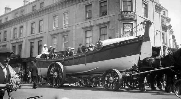 Eastbourne No. 2 lifeboat being pulled by horses. East Sussex, 1921