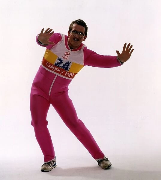 Eddie Edwards wearing pink ski clothing