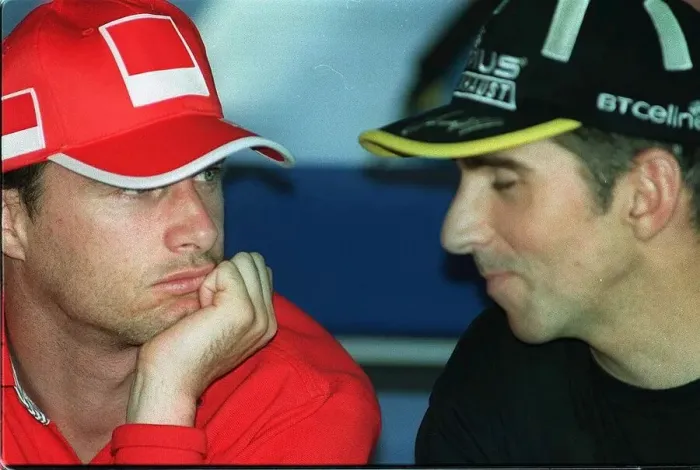Framed Print : Eddie Irvine and Damon Hill in the afternoon press conference before 1999 British Grand Framed Print : Eddie Irvine and Damon Hill in the afternoon press conference before 1999 British Grand