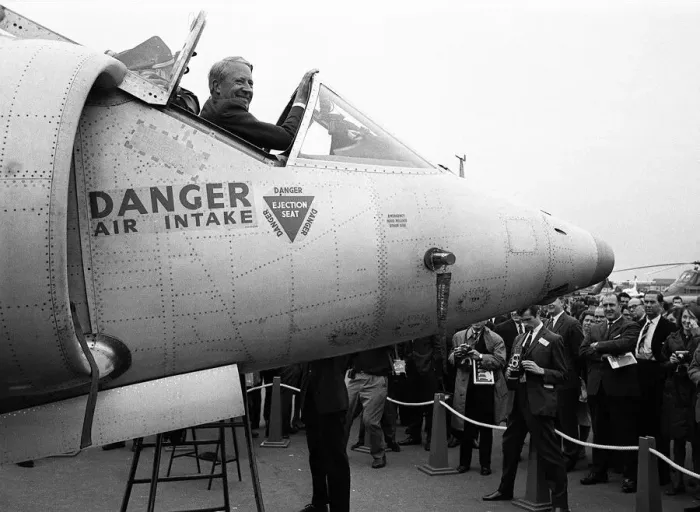 Framed Print : Edward Ted Heath MP visits Farnborough Air Show and sits in the cockpit of the latest