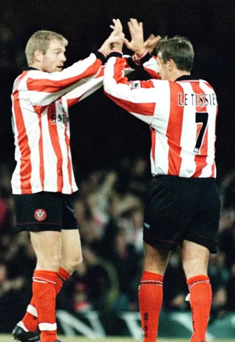 Framed Print : Egil Ostenstad celebrates goal with Matt Le Tissier Football Leicester v South hampton Framed Print : Egil Ostenstad celebrates goal with Matt Le Tissier Football Leicester v South hampton