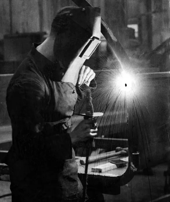 Framed Print : Electric welding being done in Guildford. It replaced rivets Framed Print : Electric welding being done in Guildford. It replaced rivets