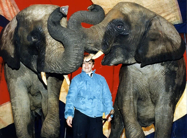 Elephants Rosa and Opal with their trainer Sallyann Roncescu at Chipperfields Circus near