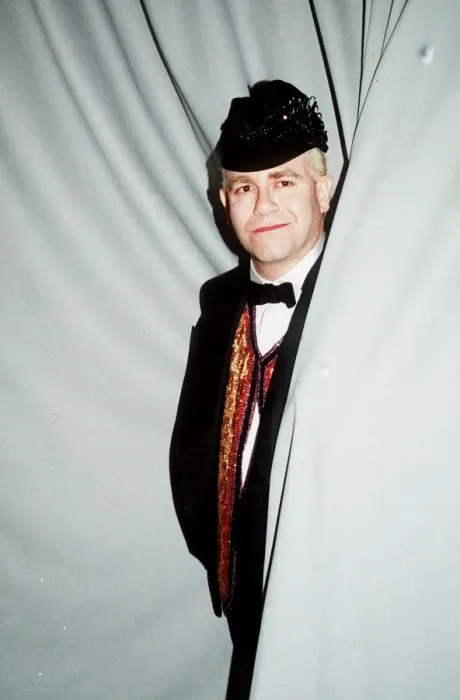 Framed Print : Elton John concert Palais de Sports Paris cap bow tie standing in curtain
