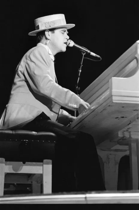 Framed Print : Elton John on his European Express Tour which was the European leg of his 1984 Breaking