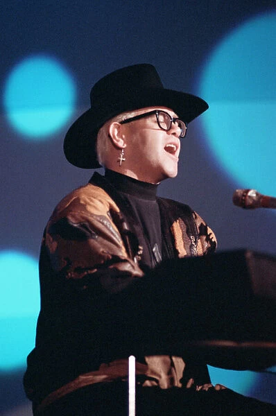 Elton John performing at the Sanremo Music Festival. 23rd February 1989