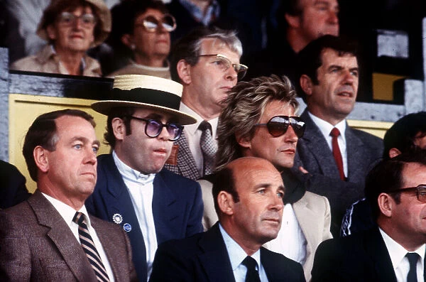 Elton John and Rod Stewart enjoy a football match at Watford