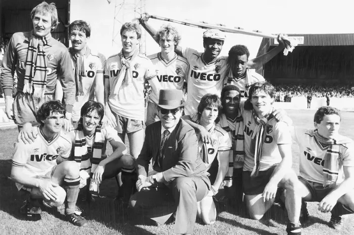 Framed Print : Elton John superstar and Watford FC pose after their match against Liverpool Framed Print : Elton John superstar and Watford FC pose after their match against Liverpool