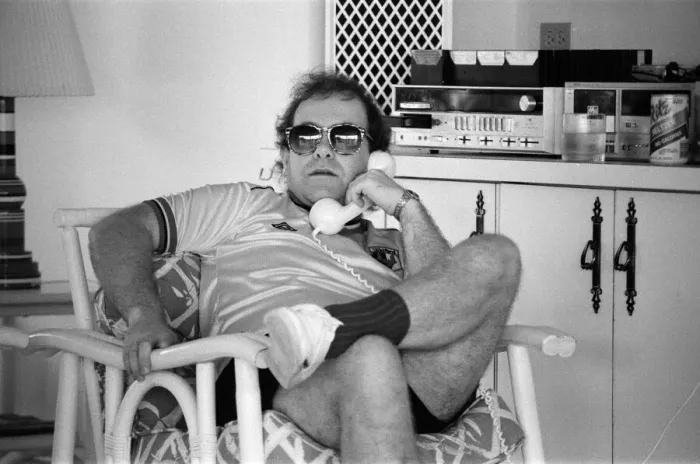 Framed Print : Elton John wearing a Watford F. C. shirt on the Caribbean island of Montserrat