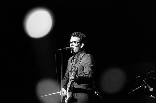 Elvis Costello on stage at Hammersmith Odeon, support act for Wings