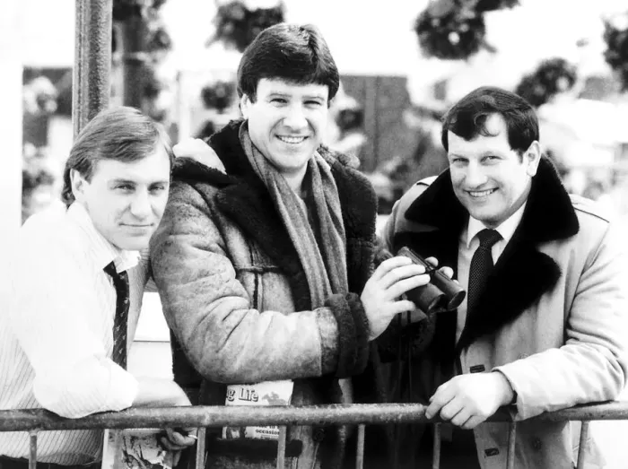 Framed Print : Emlyn Hughes Liverpool footballer April 1986 with jockeys Bob Champion right Framed Print : Emlyn Hughes Liverpool footballer April 1986 with jockeys Bob Champion right