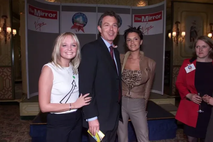 Framed Print : Emma Bunton, Victoria Adams & Tony Blair May 1999 at the Dorchester Hotel for
