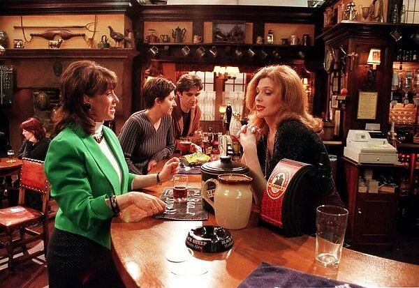 Emmerdale TV programme May 1999 Viv orders drink from barmaid in Woolpack pub