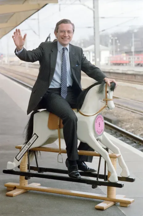 Framed Print : Employment Secretary, Norman Fowler, on a rocking horse Framed Print : Employment Secretary, Norman Fowler, on a rocking horse