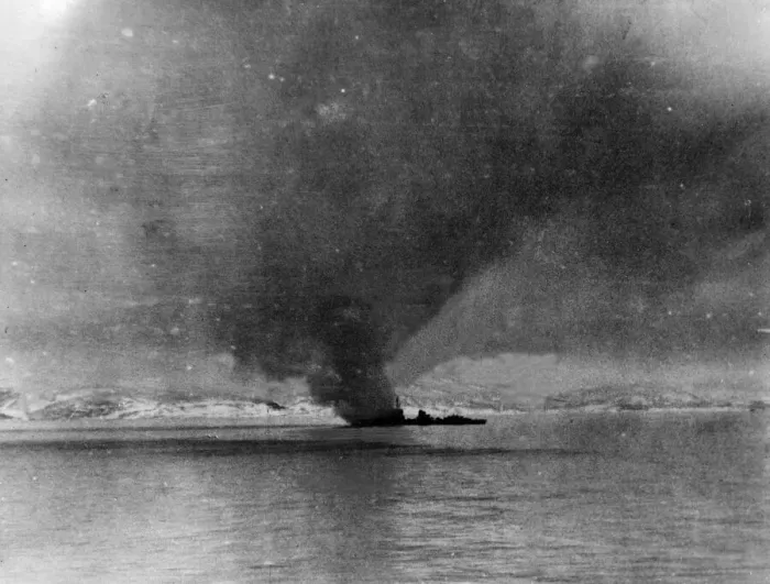 Framed Print : An enemy destroyer abandoned and in flames and soon will be sinking Framed Print : An enemy destroyer abandoned and in flames and soon will be sinking