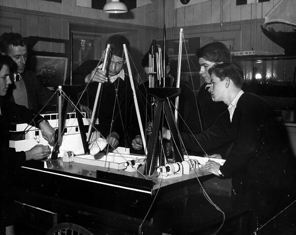 Engineering pupils in classroom, building model trawler, 14th February 1965