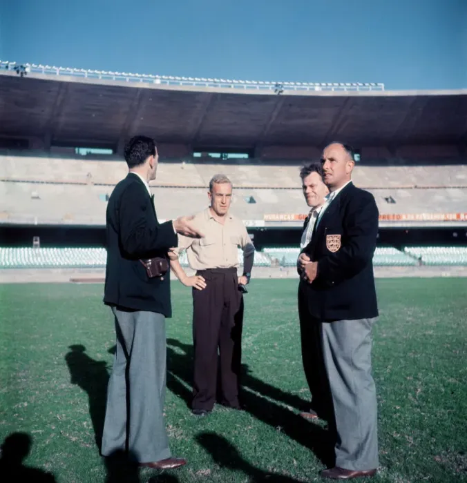Framed Print : England captain Billy Wright inspects the pitch at the newly opened Maracana Stadium in Framed Print : England captain Billy Wright inspects the pitch at the newly opened Maracana Stadium in