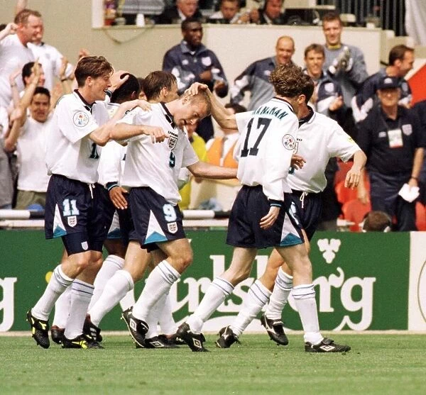 England celebrate Alan Shearers goal during the opening match of the European Football