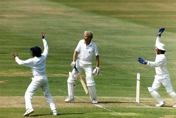 England cricketer David Gower at the crease whilst India launch a big appeal for caught