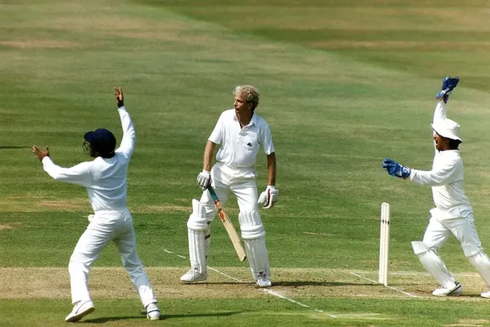 Framed Print : England cricketer David Gower at the crease whilst India launch a big appeal for caught