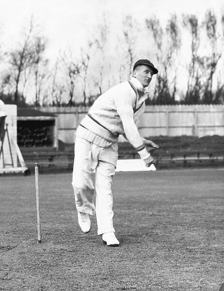 England cricketer Harold Larwood in bowling practice. 28th April 1939