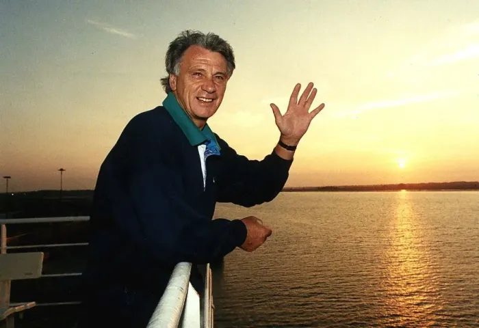 Framed Print : England football manager Bobby Robson on a boat after the 1990 World Cup July 1990 Framed Print : England football manager Bobby Robson on a boat after the 1990 World Cup July 1990