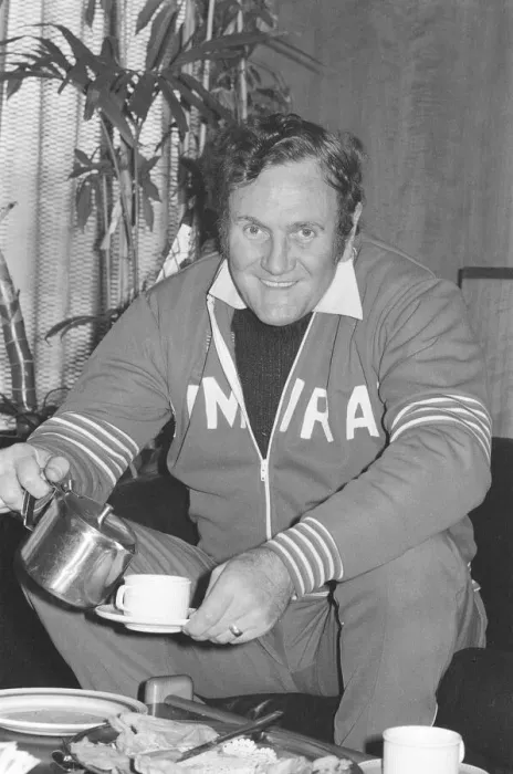 Framed Print : England Football Manager Don Revie seen here having a cup of tea before giving a press