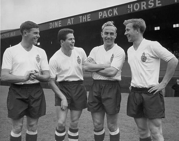 England football players Billy Wright, Bobby Charlton, Tommy Banks
