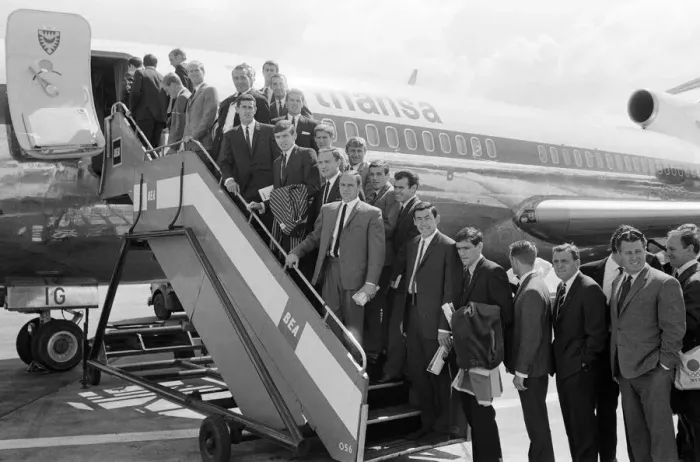 Framed Print : The England football team board their plane as they leave London airport for Frankfurt Framed Print : The England football team board their plane as they leave London airport for Frankfurt