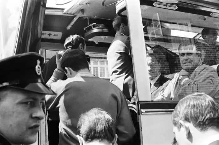 Framed Print : The England football team leave their Hendon Hall hotel on the way to Wembley to play