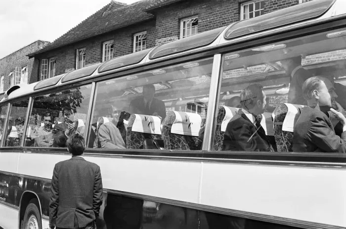 Framed Print : The England football team leave their Hendon Hall hotel on the way to Wembley to play Framed Print : The England football team leave their Hendon Hall hotel on the way to Wembley to play