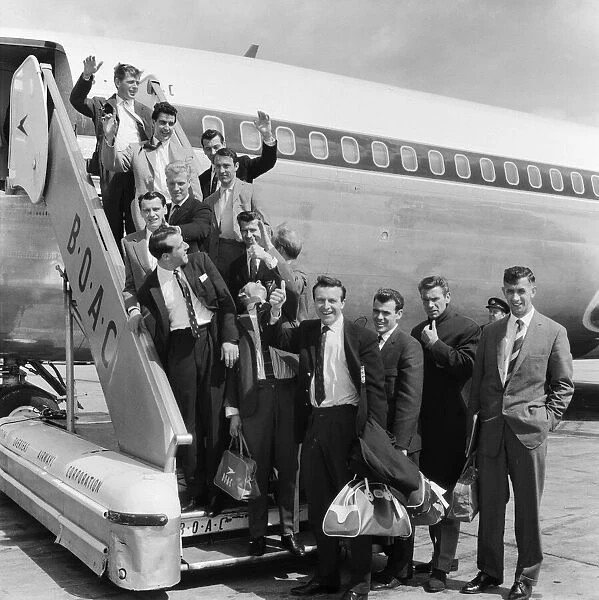 The England football team at London Airport before their flight to Santiago