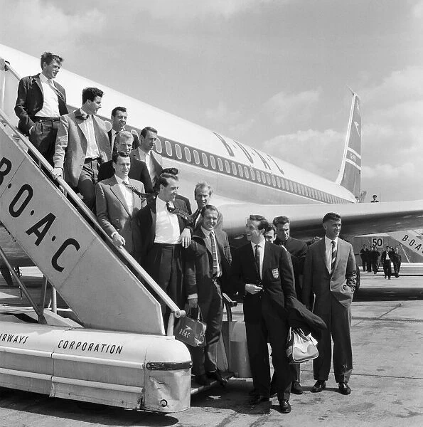 The England football team at London Airport before their flight to Santiago
