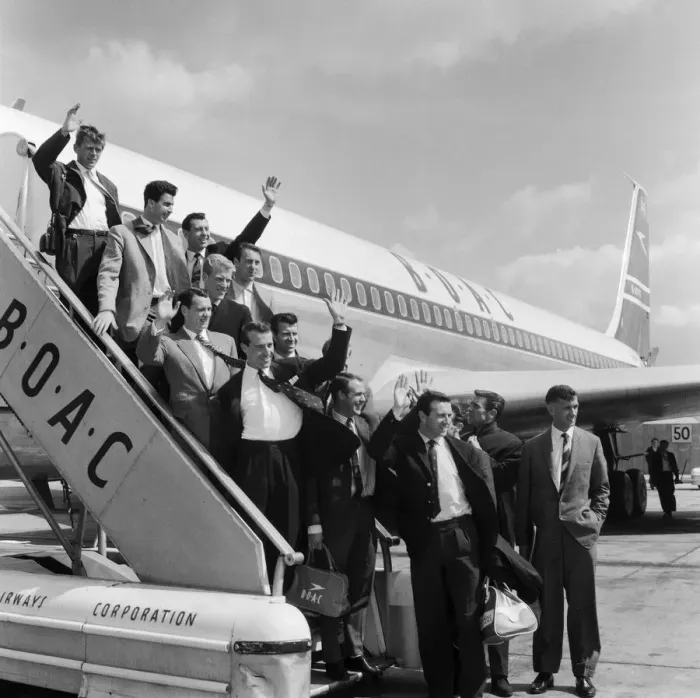 Framed Print : The England football team at London Airport before their flight to Santiago Framed Print : The England football team at London Airport before their flight to Santiago