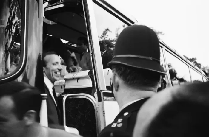 Framed Print : England footballer Nobby Stiles travels to Wembley with the rest of the England team Framed Print : England footballer Nobby Stiles travels to Wembley with the rest of the England team