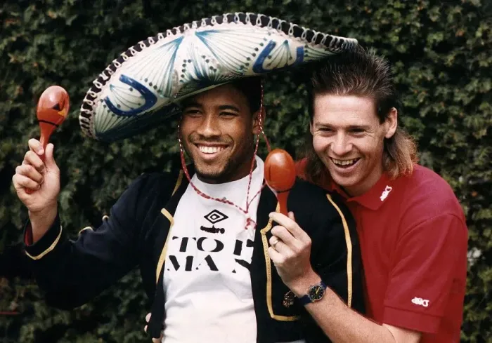 Framed Print : England footballers John Barnes and Chris Waddle take a break during an England training Framed Print : England footballers John Barnes and Chris Waddle take a break during an England training